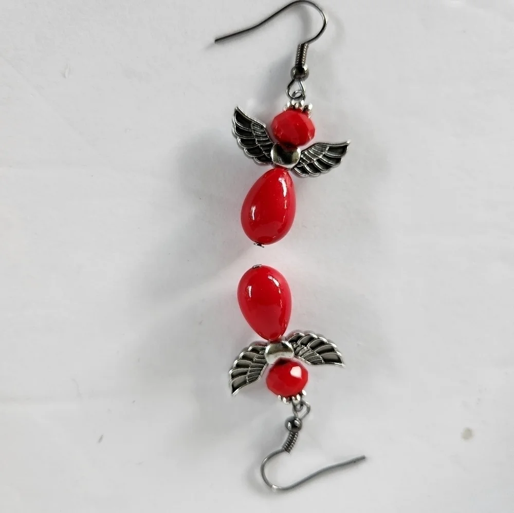 Hand Crafted Angel Earrings Red Silver Pierced Ears